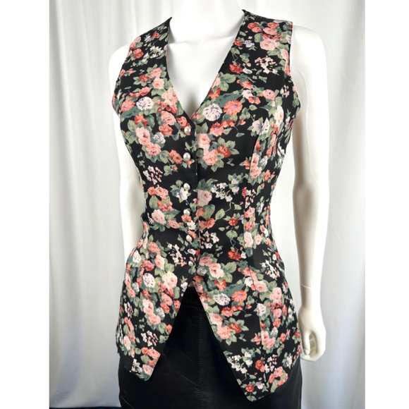 Vintage 1980’s 1990’s ‘Aziz Collection’ Pink + Black Floral Rose Print Vest • S - Picture 1 of 9